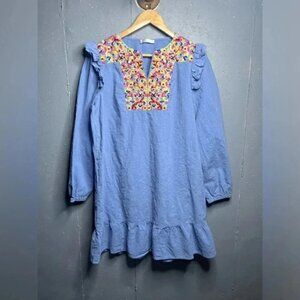 KIRUNDO Women's blue with embrodieyMini Dress V Neck Bohemia Dress sz L